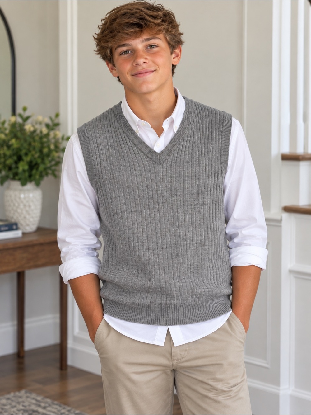 Vintage English Glen Boys V-Neck Sweater Vest, Gray, Size L